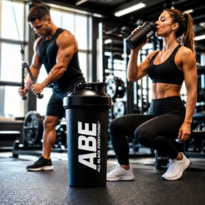 Muscular man and woman working out in a modern gym with an ABE shaker bottle in the foreground, both athletes partially cropped