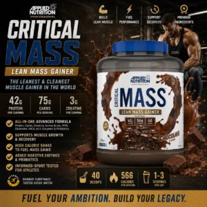 Applied Nutrition Critical Mass Professional Lean Mass Gainer 2.4kg Chocolate high calorie protein and carbohydrate shake for muscle growth and recovery