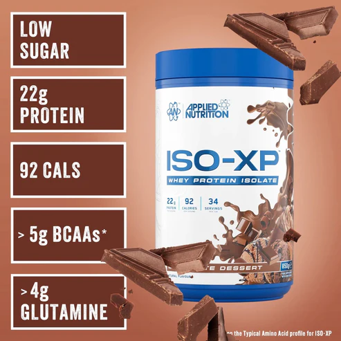 iso-xp whey isolate 850g high protein low sugar formula chocolate dessert flavour