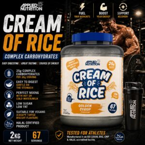 Applied Nutrition Cream of Rice 2kg Golden Syrup complex carbohydrate powder in hardcore gym lifestyle with shaker for pre and post workout energy