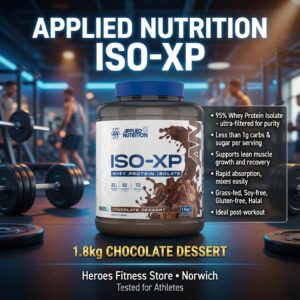 Applied Nutrition ISO-XP 1.8kg Whey Protein Isolate Chocolate Dessert tub displayed in a modern gym setting. Premium grass-fed whey protein with 95% purity, low carb, supports lean muscle growth and fast recovery. Heroes Fitness Store Norwich.