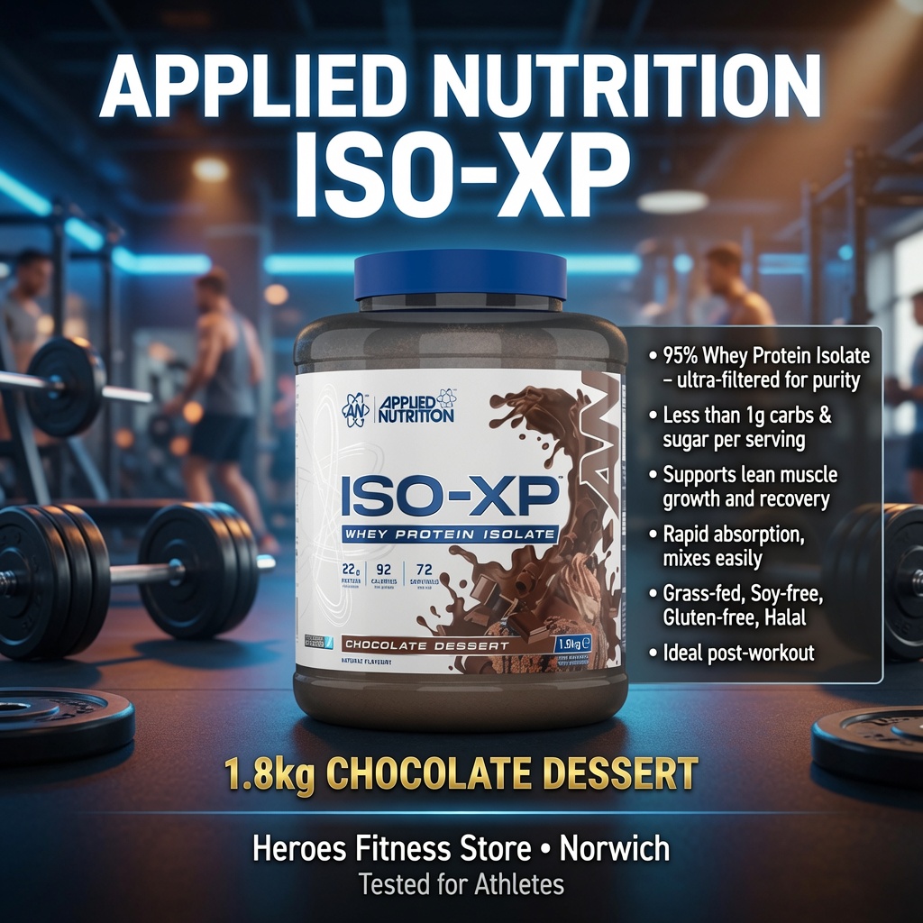 Applied Nutrition ISO-XP 1.8kg Whey Protein Isolate Chocolate Dessert tub displayed in a modern gym setting. Premium grass-fed whey protein with 95% purity, low carb, supports lean muscle growth and fast recovery. Heroes Fitness Store Norwich.