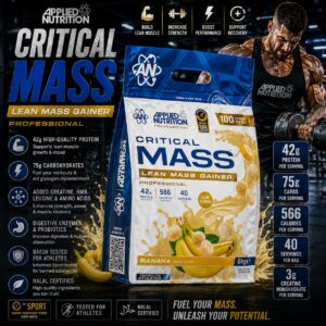 Applied Nutrition Critical Mass Professional 6kg Banana Lean Mass Gainer with 42g protein, 75g carbs and 3g creatine in a gym lifestyle setting