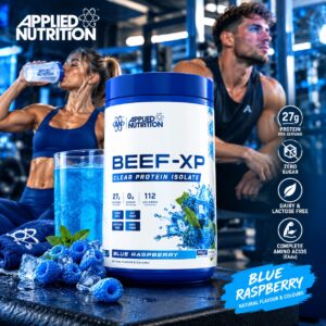 Applied Nutrition BEEF-XP 900g Blue Raspberry clear beef protein isolate in a blue gym lifestyle setting